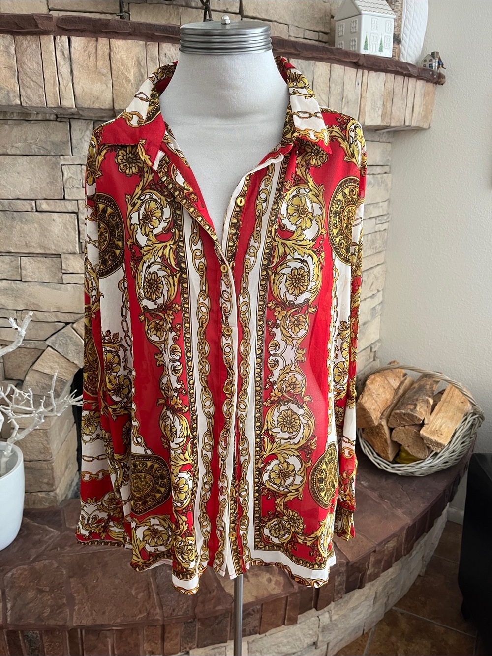 Penelope Project Penelope Project Button Down Shirt Red Gold Chain Size 2X
